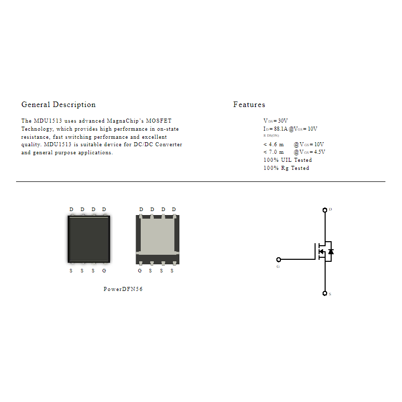 MDU1513 .MDU1513 Single N-channel Trench MOSFET 30V, 88.1A, 4,6mΩ